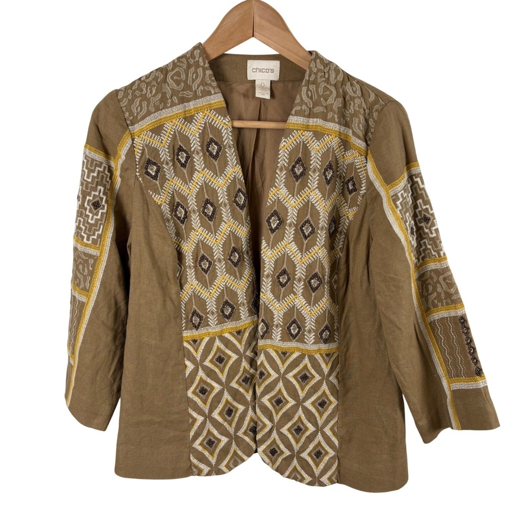 Chicos Diamond Artisan Jacket Embroidered Beaded Linen‎ Blend Tan Size S Boho
